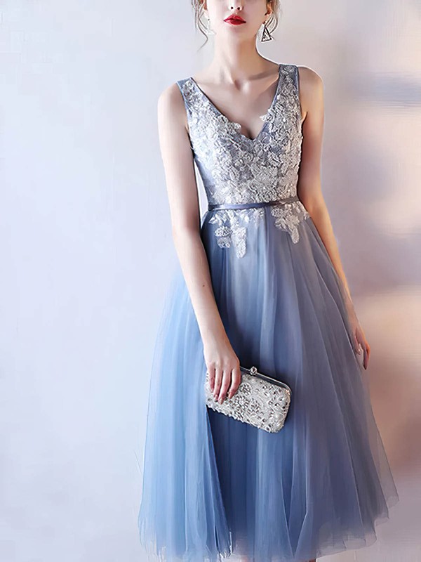 Tulle V-neck A-line Tea-length Appliques Lace Bridesmaid Dresses #LDB01014214