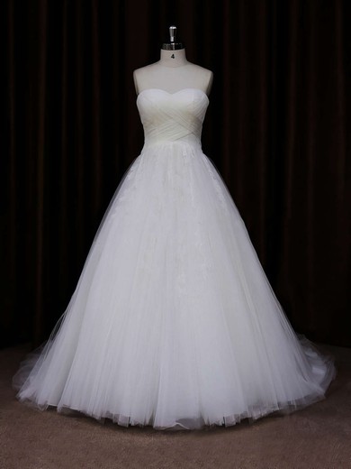 Ivory Sweetheart Tulle Lace-up Appliques Lace Court Train Wedding Dresses #LDB00021639