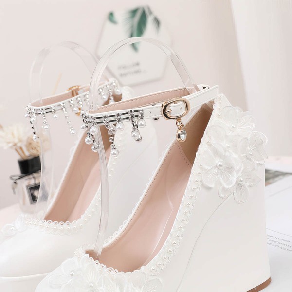 Women's Closed Toe Wedge Heel PVC Buckle Wedding Shoes #LDB03030955