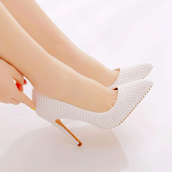 Women's Pumps Stiletto Heel PVC Pearl Wedding Shoes #LDB03030974