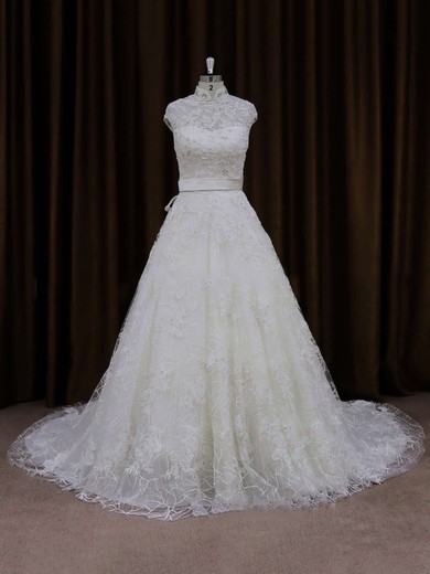 High Neck Ivory Lace Cap Straps Sashes / Ribbons Court Train Wedding Dresses #LDB00021642