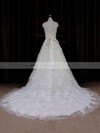 High Neck Ivory Lace Cap Straps Sashes / Ribbons Court Train Wedding Dresses #LDB00021642