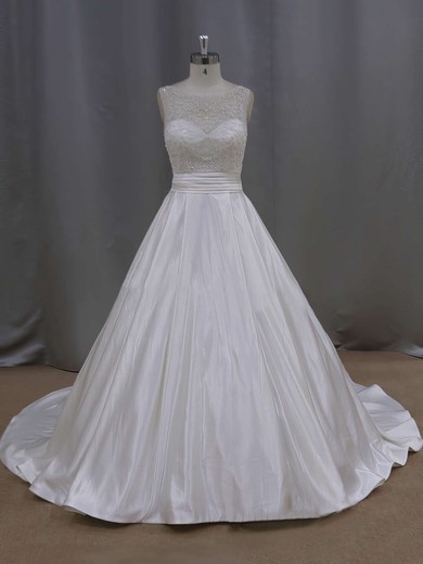 Nice Scoop Neck Pearl Detailing Ivory Satin Court Train Wedding Dresses #LDB00021645