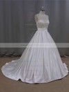 Nice Scoop Neck Pearl Detailing Ivory Satin Court Train Wedding Dresses #LDB00021645