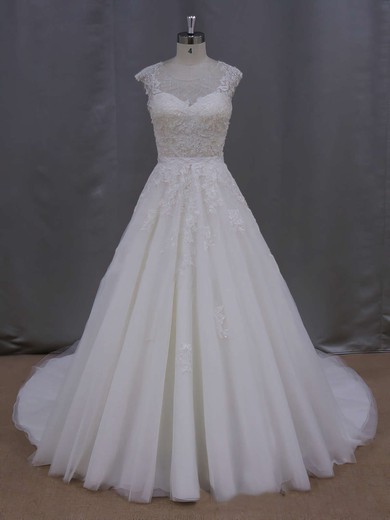 Scoop Neck Ivory Tulle Appliques Lace Cap Straps Ball Gown Wedding Dresses #LDB00021646