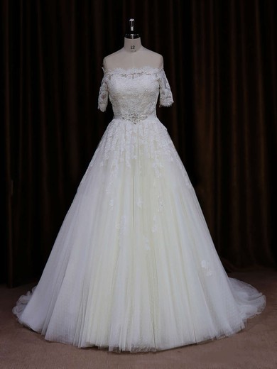Off-the-shoulder Court Train Short Sleeve Beading Ivory Tulle Wedding Dress #LDB00021654