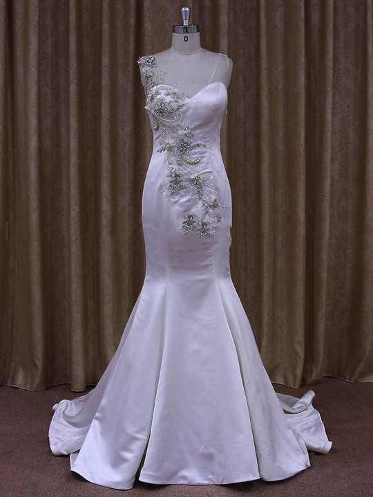Great Trumpet/Mermaid White Satin Crystal Detailing Sweep Train Wedding Dress #LDB00021656