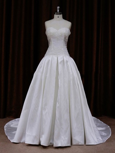 A-line Ivory Taffeta Appliques Lace Court Train Top Wedding Dress #LDB00021657
