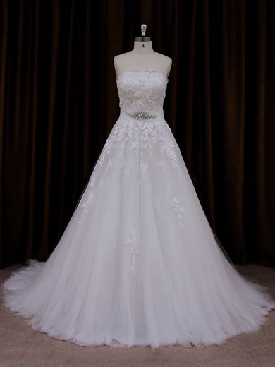 Pretty Strapless Court Train Appliques Lace Ivory Tulle Wedding Dress #LDB00021660