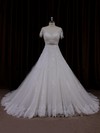 V-neck Tulle Short Sleeve Appliques Lace Ivory Chapel Train Wedding Dress #LDB00021666