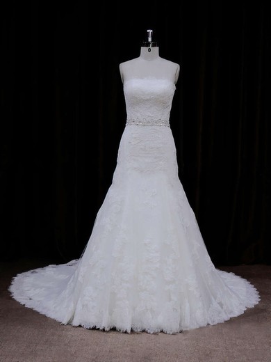 Strapless Tulle Chapel Train Lace-up Appliques Lace Ivory Wedding Dress #LDB00021667