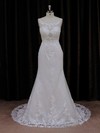 Trumpet/Mermaid Scoop Neck Satin Tulle Sweep Train Appliques Lace Wedding Dress #LDB00021673
