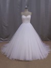 A-line White Tulle Court Train Lace-up Beading Wedding Dress #LDB00021679