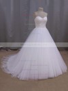 A-line White Tulle Court Train Lace-up Beading Wedding Dress #LDB00021679
