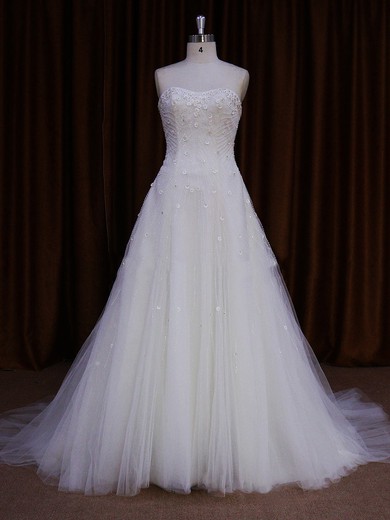 Cheap Sweetheart Tulle Sweep Train Beading Ivory Wedding Dress #LDB00021680