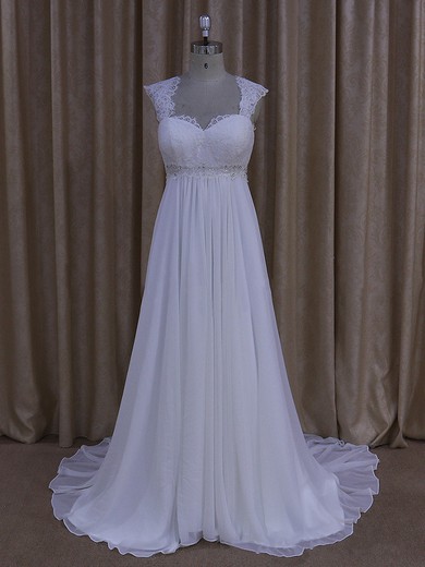 Empire White Chiffon Beading Lace-up Court Train Wedding Dress #LDB00021681
