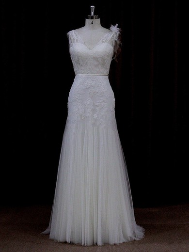 Good Trumpet/Mermaid Ivory Tulle Appliques Lace Floor-length Wedding Dress #LDB00021682