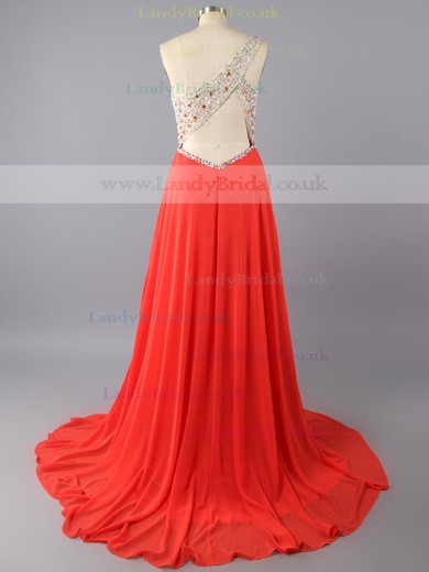 Gorgeous One Shoulder Chiffon Crystal Detailing Sweep Train Backless Prom Dress #LDB02015275