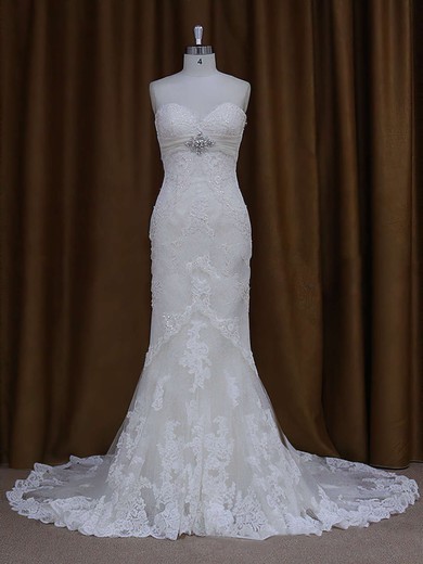 Sweetheart Lace Chapel Train Beading Lace-up Ivory Wedding Dresses #LDB00021687