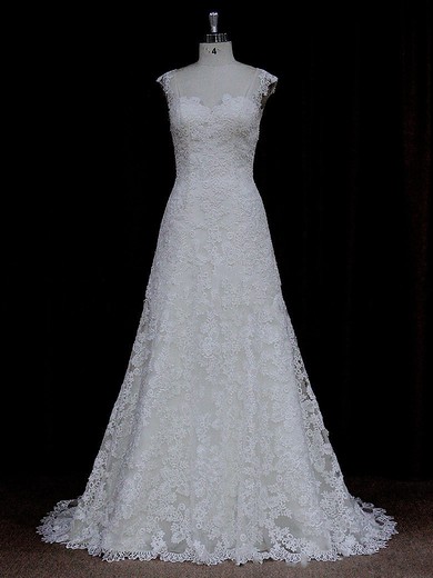 Sweetheart Lace Sweep Train Cap Straps Ivory Pretty Wedding Dresses #LDB00021690