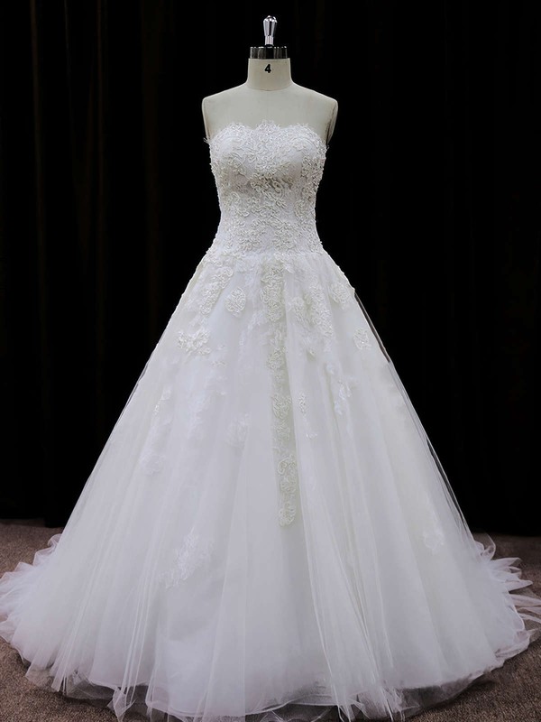 Best Strapless Appliques Lace Ivory Tulle Court Train Wedding Dresses #LDB00021694