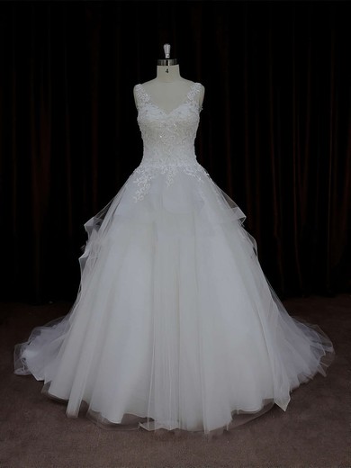 V-neck Tulle Ivory Lace-up Appliques Lace Ball Gown Wedding Dresses #LDB00021695