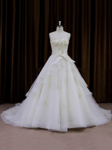 Great A-line Chapel Train Sashes / Ribbons Ivory Organza Wedding Dresses #LDB00021696