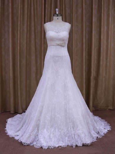 Scoop Neck Lace Sashes / Ribbons Court Train White Ladies Wedding Dresses #LDB00021697