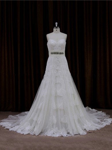 Chapel Train Sweetheart Spaghetti Straps Sashes/Ribbons Ivory Lace Wedding Dresses #LDB00021706