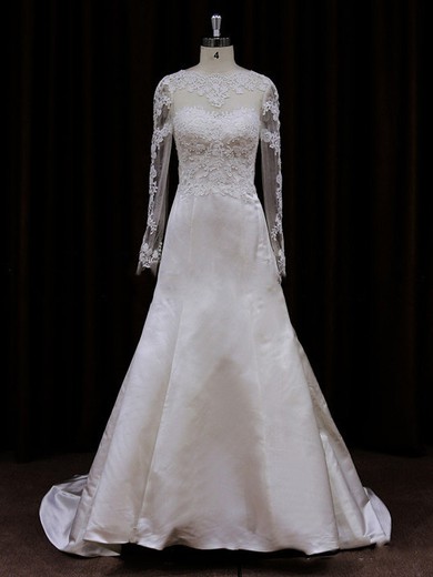 Scalloped Neck Tulle Elastic Woven Satin Appliques Lace Fashion Long Sleeve Wedding Dresses #LDB00021719