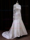 Scalloped Neck Tulle Elastic Woven Satin Appliques Lace Fashion Long Sleeve Wedding Dresses #LDB00021719