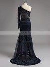 Ivory One Shoulder Lace Split Front Unique Long Sleeve Sweep Train Prom Dresses #LDB02015995