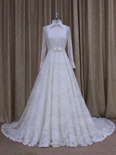 High Neck Nice Lace Chapel Train Ruffles Long Sleeve Wedding Dresses #LDB00021763