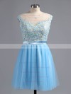 Modest Royal Blue Short/Mini Tulle with Appliques Lace Scoop Neck Prom Dresses #LDB02016005