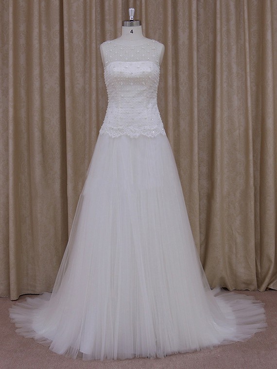 Scoop Neck Tulle Court Train with Beading White Online Wedding Dress #LDB00021770