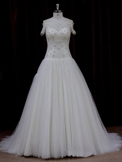 Off-the-shoulder Ivory Tulle Beading Court Train Short Sleeve Wedding Dress #LDB00021774