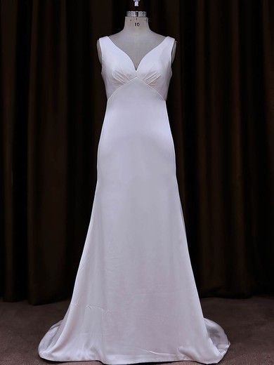Unique V-neck Tulle Silk-like Satin Beading Sheath/Column Wedding Dress #LDB00021787
