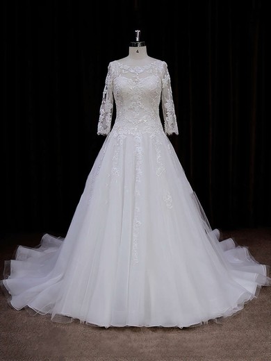Chapel Train Scoop Neck Tulle Appliques Lace 3/4 Sleeve Wedding Dress #LDB00021788