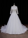 Chapel Train Scoop Neck Tulle Appliques Lace 3/4 Sleeve Wedding Dress #LDB00021788