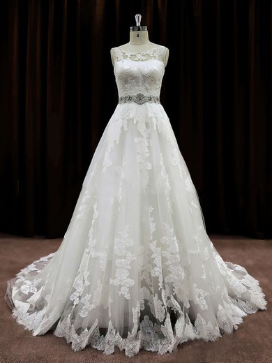 Scoop Neck Lace Beading Ivory Chapel Train Elegant Wedding Dress #LDB00021791