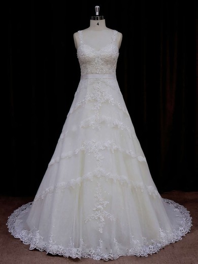 Sweetheart A-line Straps Lace with Sequins Affordable Wedding Dress #LDB00021796