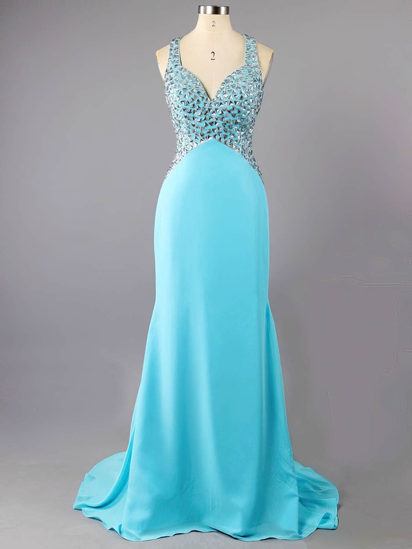 Discount Backless Trumpet/Mermaid Chiffon Crystal Detailing Blue Sweetheart Prom Dress #LDB02016038