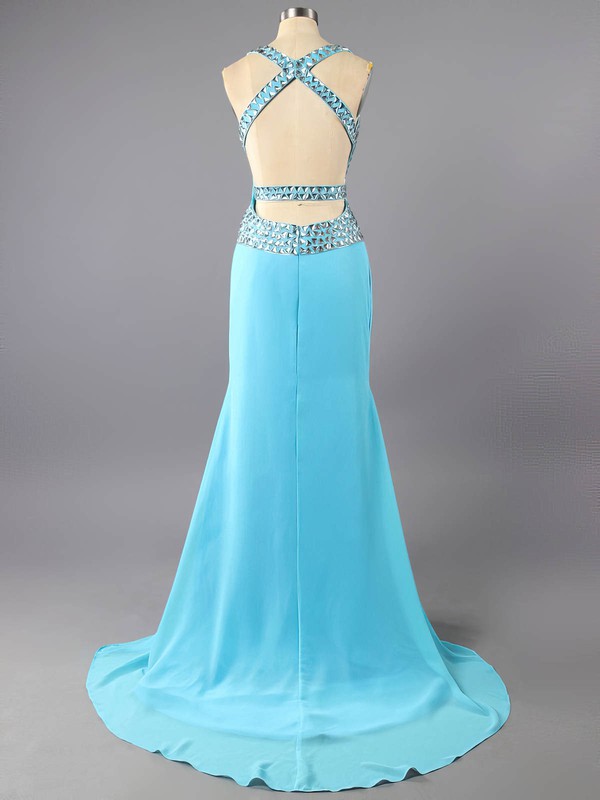 Discount Backless Trumpet/Mermaid Chiffon Crystal Detailing Blue Sweetheart Prom Dress #LDB02016038