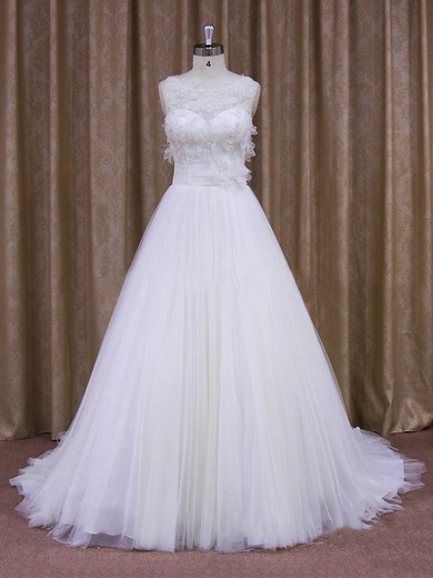 Latest Tulle Appliques Lace Scoop Neck Ball Gown Wedding Dress #LDB00021830