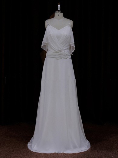 Watteau Train Ivory Chiffon Beading Spaghetti Straps V-neck Wedding Dress #LDB00021837