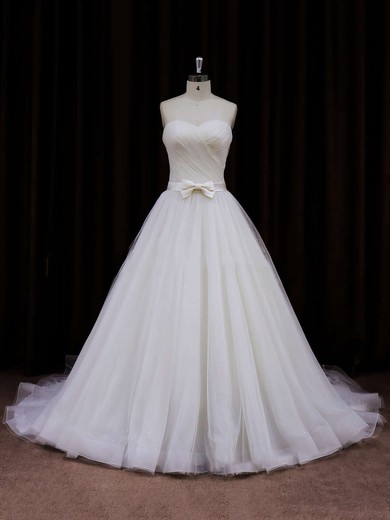 Ivory Sweetheart Tulle with Sashes / Ribbons Chapel Train Unique Wedding Dresses #LDB00021840