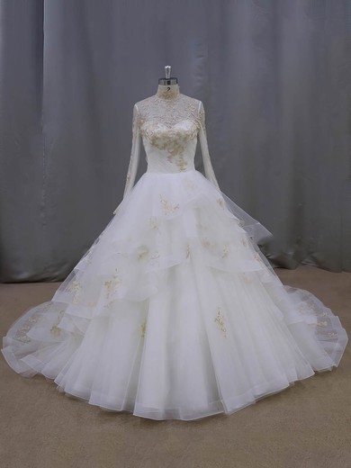 Ball Gown Long Sleeve Tulle Appliques Lace High Neck Covered Button Wedding Dresses #LDB00021852