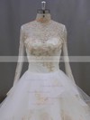 Ball Gown Long Sleeve Tulle Appliques Lace High Neck Covered Button Wedding Dresses #LDB00021852