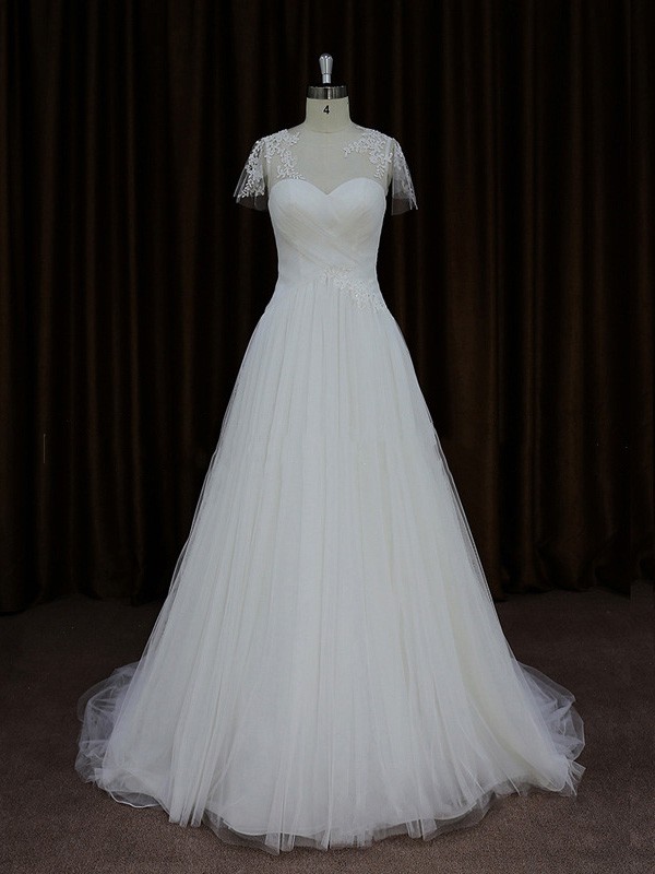 Scoop Neck Cap Straps Tulle Appliques Lace Court Train Ivory Wedding Dresses #LDB00021876