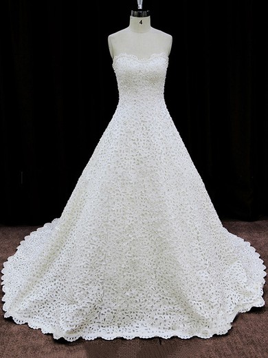 Ivory Chapel Train Lace with Beading and Bow Sweetheart Wedding Dresses #LDB00021887